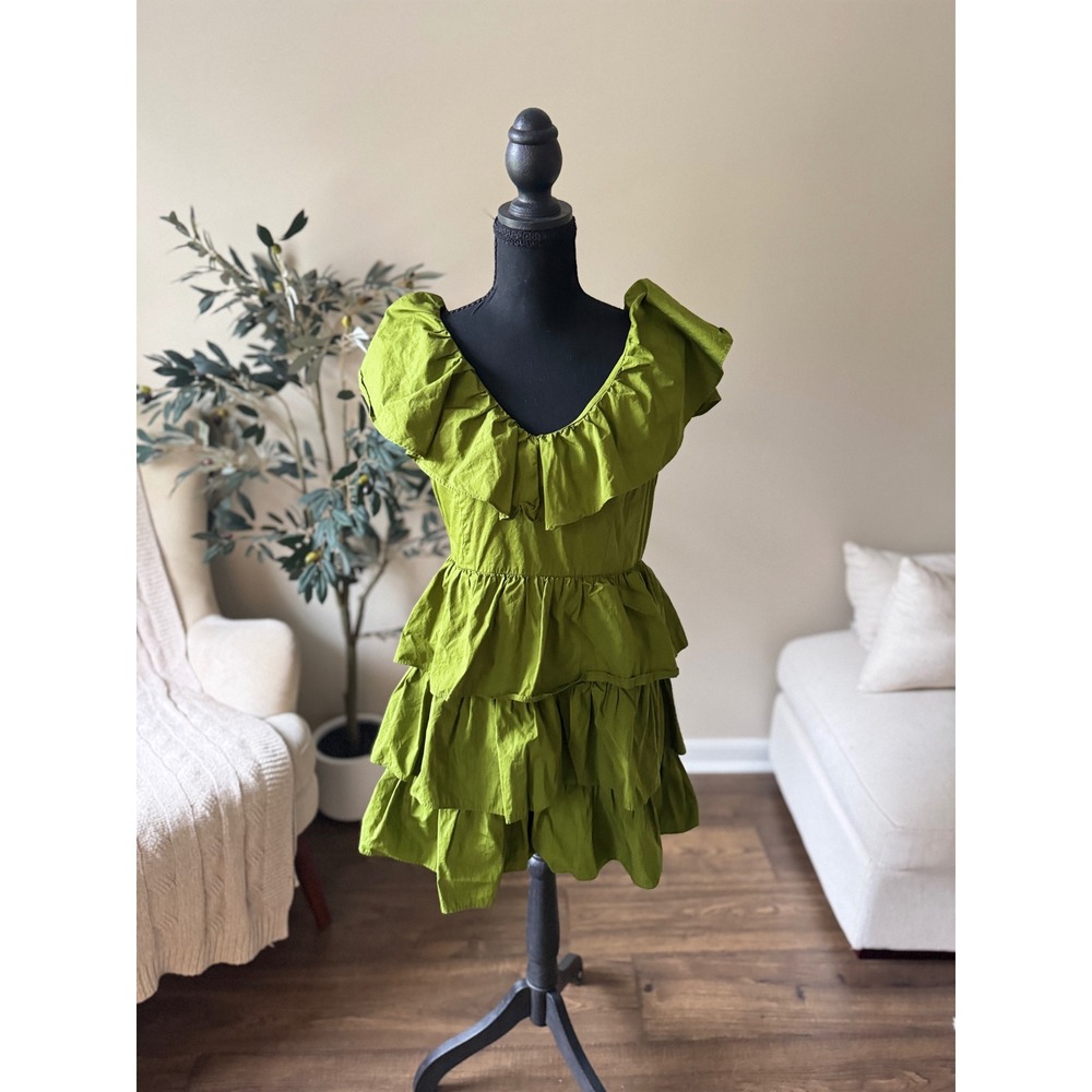 A New Day Olive Green Ruffle Tiered Mini Dress V-Neck Short Sleeve Medium